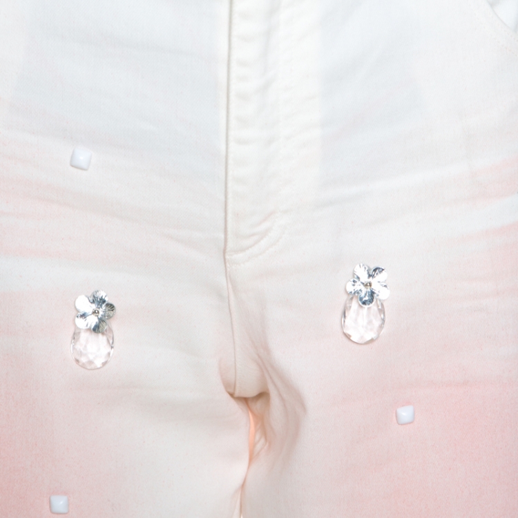 Pre Owned Chanel White Dye Effect Denim Embellished Detail Jeans M