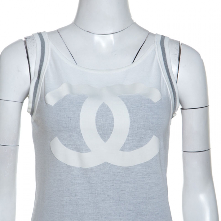 Pre Owned Chanel White Logo Print Cotton Tank Top L