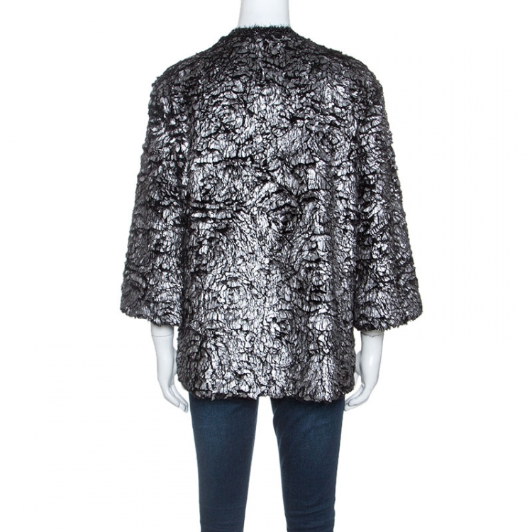 Pre Owned Chanel Silver and Black Lurex Trimmed Faux Fur Jacket M