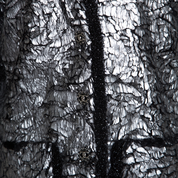 Pre Owned Chanel Silver and Black Lurex Trimmed Faux Fur Jacket M