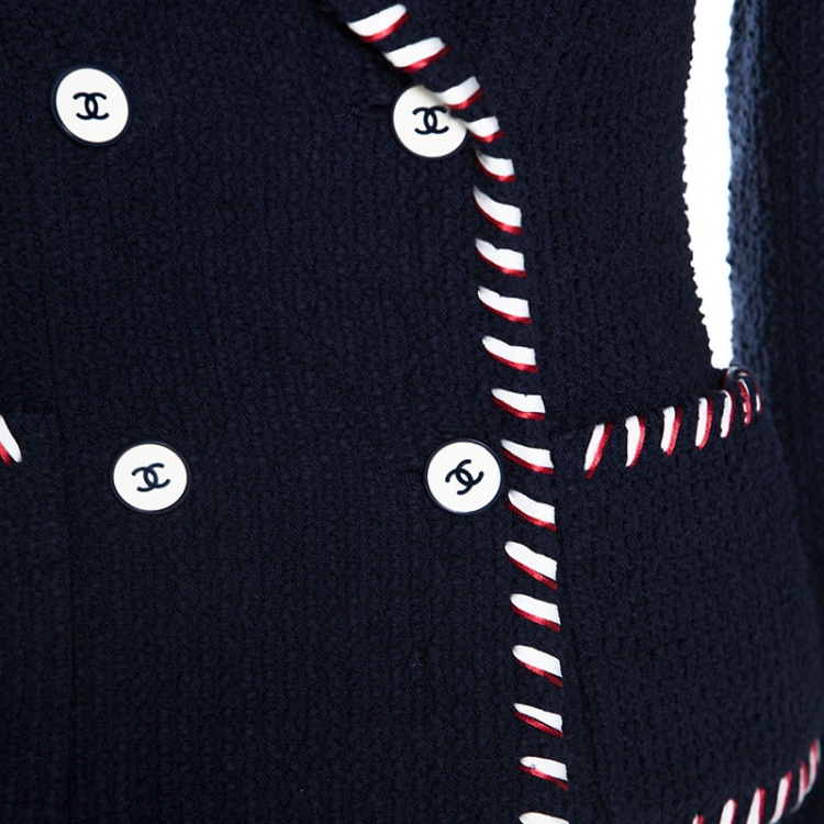 مملوكة مسبقًا Chanel Navy Blue Wool Ribbon Trim Boucle Jacket S