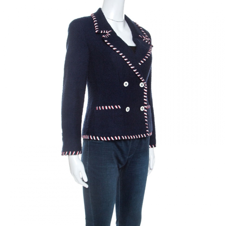 مملوكة مسبقًا Chanel Navy Blue Wool Ribbon Trim Boucle Jacket S