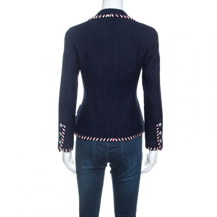 مملوكة مسبقًا Chanel Navy Blue Wool Ribbon Trim Boucle Jacket S
