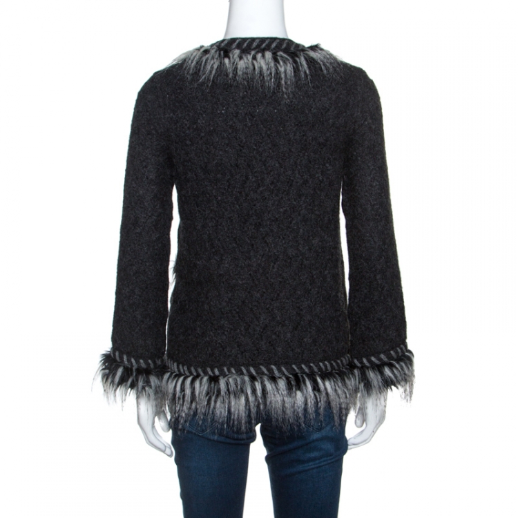 Pre Owned Chanel Grey Perforated Wool Faux Fur Trimmed Zip Front Jacket M