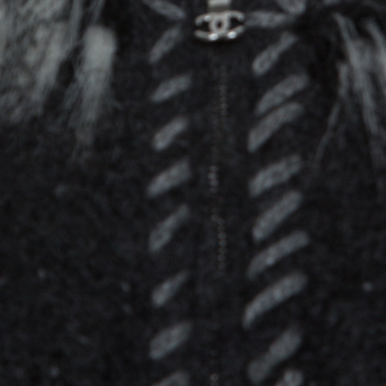 Pre Owned Chanel Grey Perforated Wool Faux Fur Trimmed Zip Front Jacket M