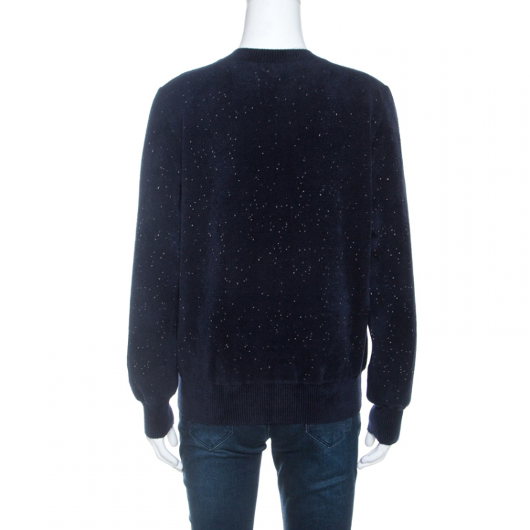 Pre Owned Chanel Navy Blue Logo Pattern Jacquard Detail Sweater M