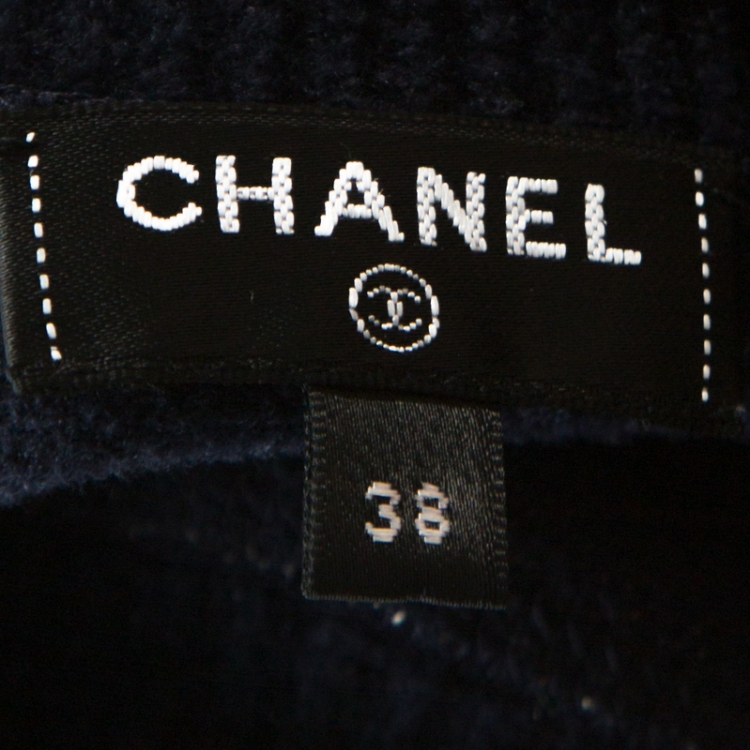 Pre Owned Chanel Navy Blue Logo Pattern Jacquard Detail Sweater M