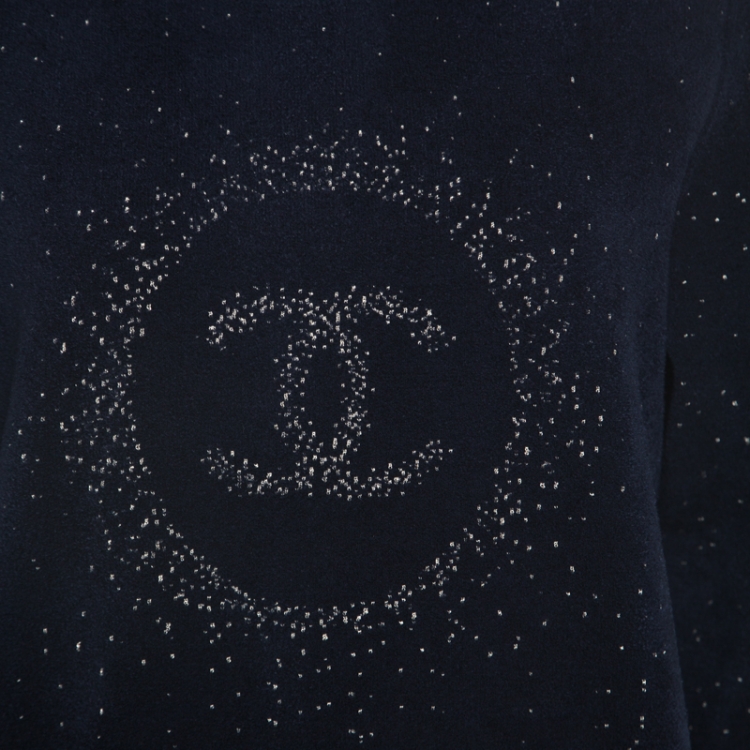 Pre Owned Chanel Navy Blue Logo Pattern Jacquard Detail Sweater M