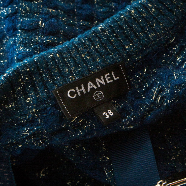 Pre Owned Chanel Blue-Green Tweed Mohair Wool Chain Detail Cardigan M