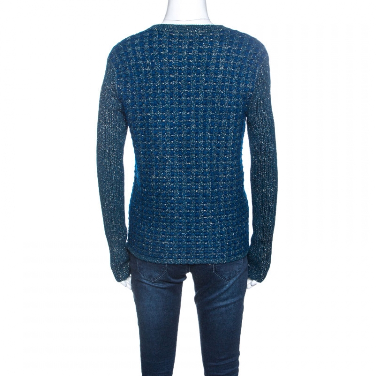 Pre Owned Chanel Blue-Green Tweed Mohair Wool Chain Detail Cardigan M