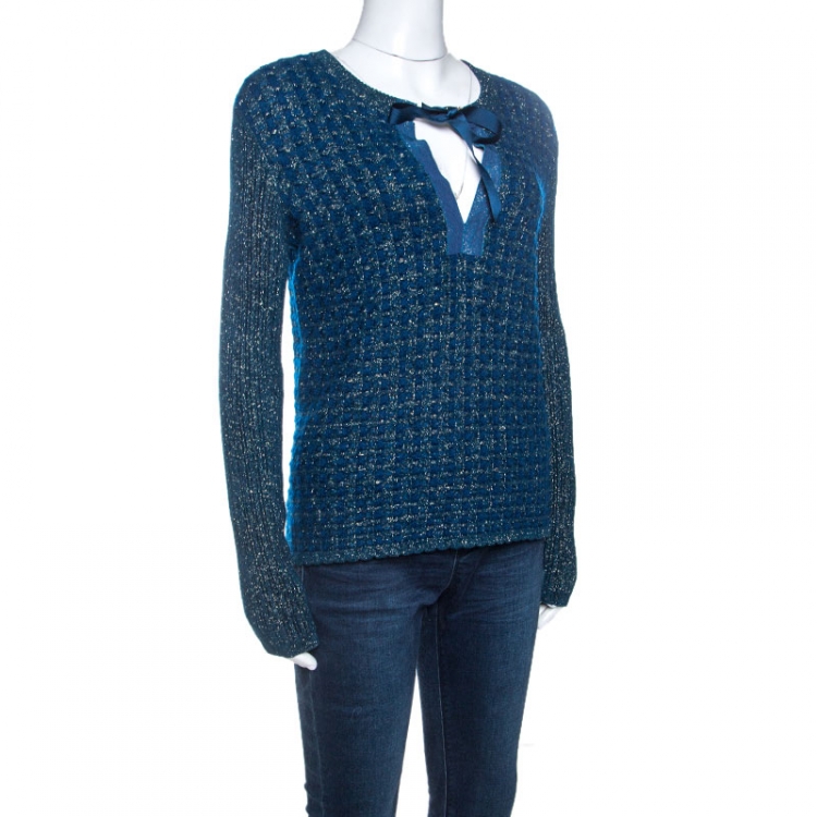 Pre Owned Chanel Blue-Green Tweed Mohair Wool Chain Detail Cardigan M