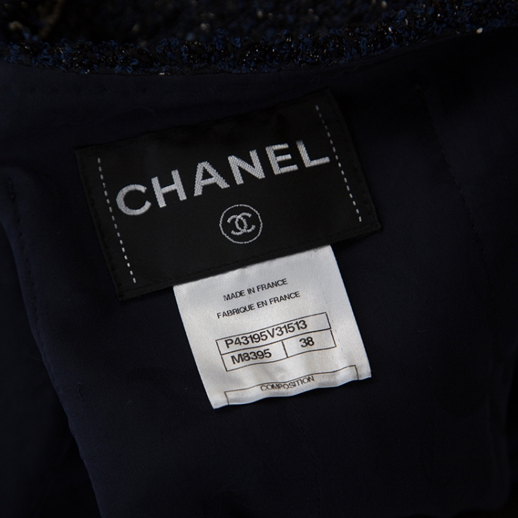 Pre Owned Chanel Navy Blue Textured Short Sleeve Jacket M