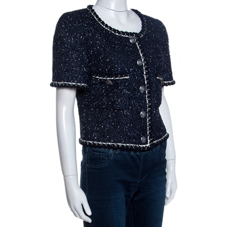 Chanel Navy Blue Textured Short Sleeve Jacket M Chanel