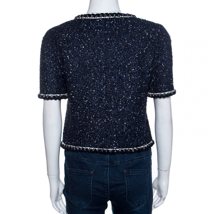 Pre Owned Chanel Navy Blue Textured Short Sleeve Jacket M