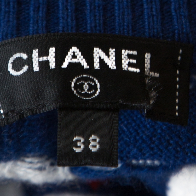Pre Owned Chanel Blue Flight Patterned Jacquard Cashmere Sleeveless Sweater M