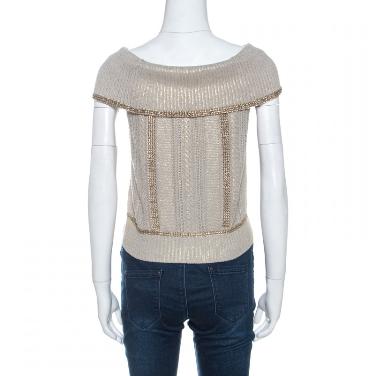 Pre Owned Chanel Ecru Metallic Print Knit Chain Detail off Shoulder Top S
