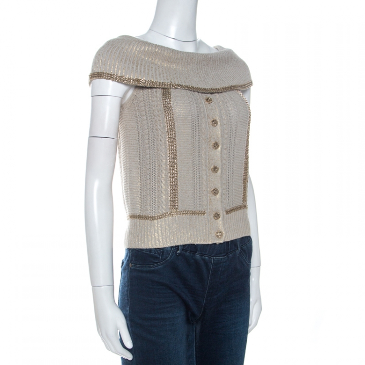 Pre Owned Chanel Ecru Metallic Print Knit Chain Detail off Shoulder Top S