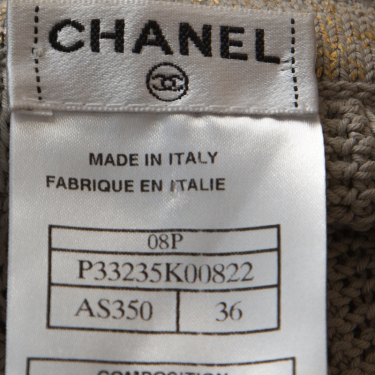 Pre Owned Chanel Ecru Metallic Print Knit Chain Detail off Shoulder Top S