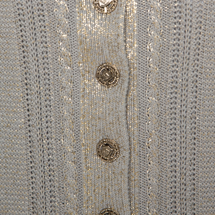 Pre Owned Chanel Ecru Metallic Print Knit Chain Detail off Shoulder Top S