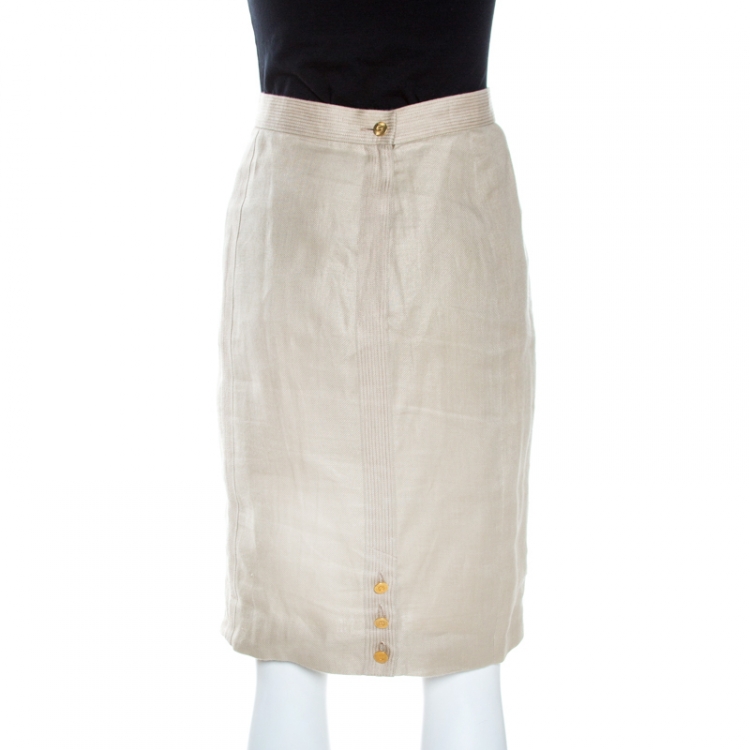 Pre Owned Chanel Vintage Beige Linen Pencil Skirt S 