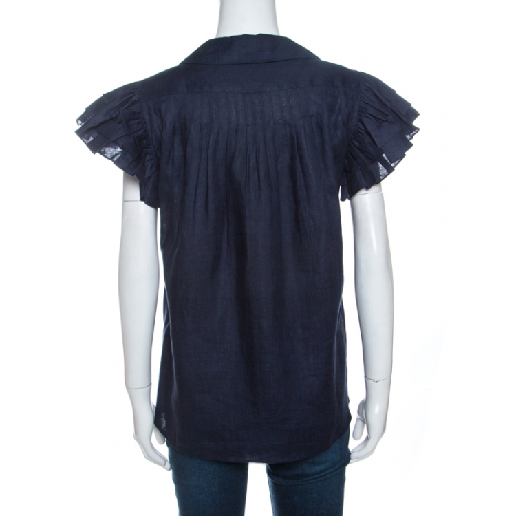Pre Owned Chanel Navy Blue Linen Pleated Ruffled Sleeve Top S