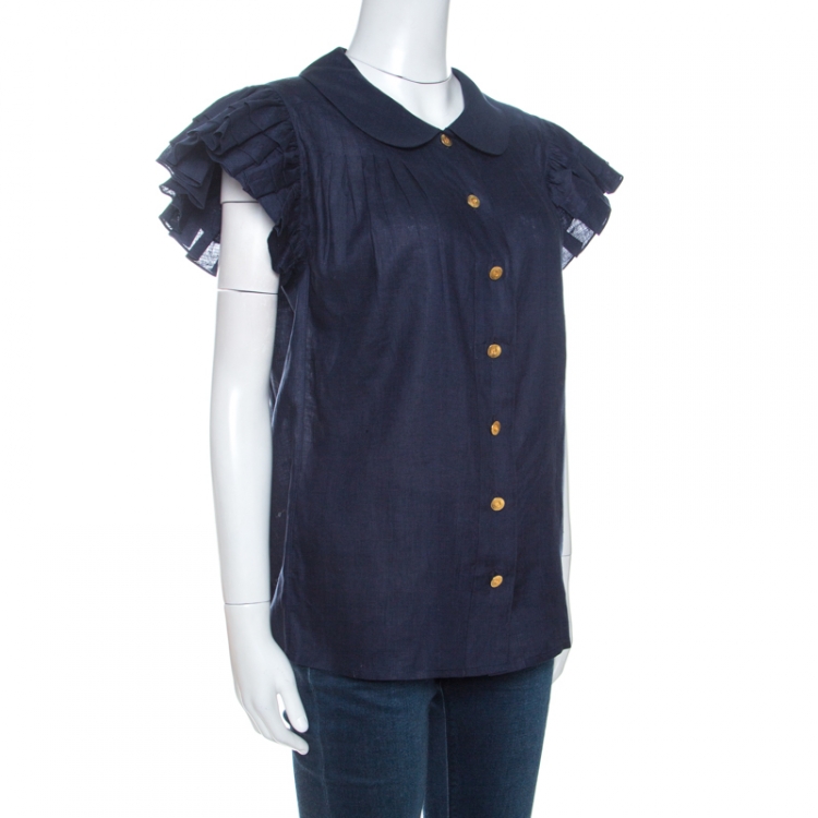 Pre Owned Chanel Navy Blue Linen Pleated Ruffled Sleeve Top S