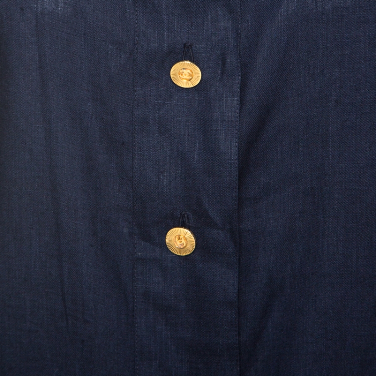 Pre Owned Chanel Navy Blue Linen Pleated Ruffled Sleeve Top S