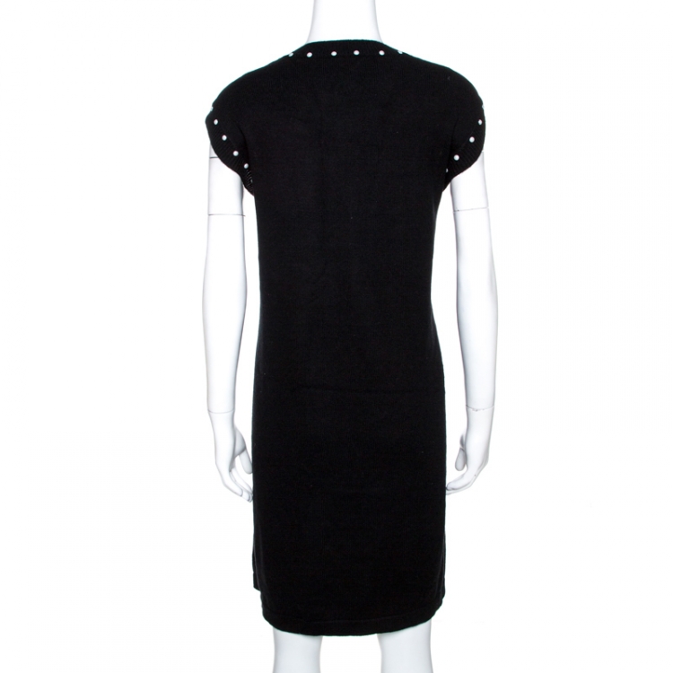 Pre Owned Chanel Black Pearl Embellished Knit Shift Dress XL