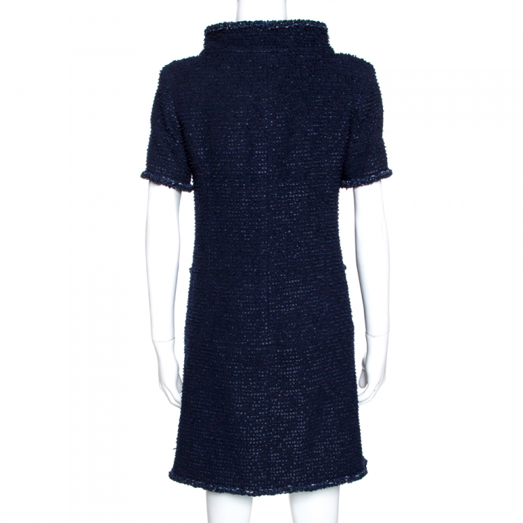 Pre Owned Chanel Navy Blue Fantasy Tweed Shift Dress S