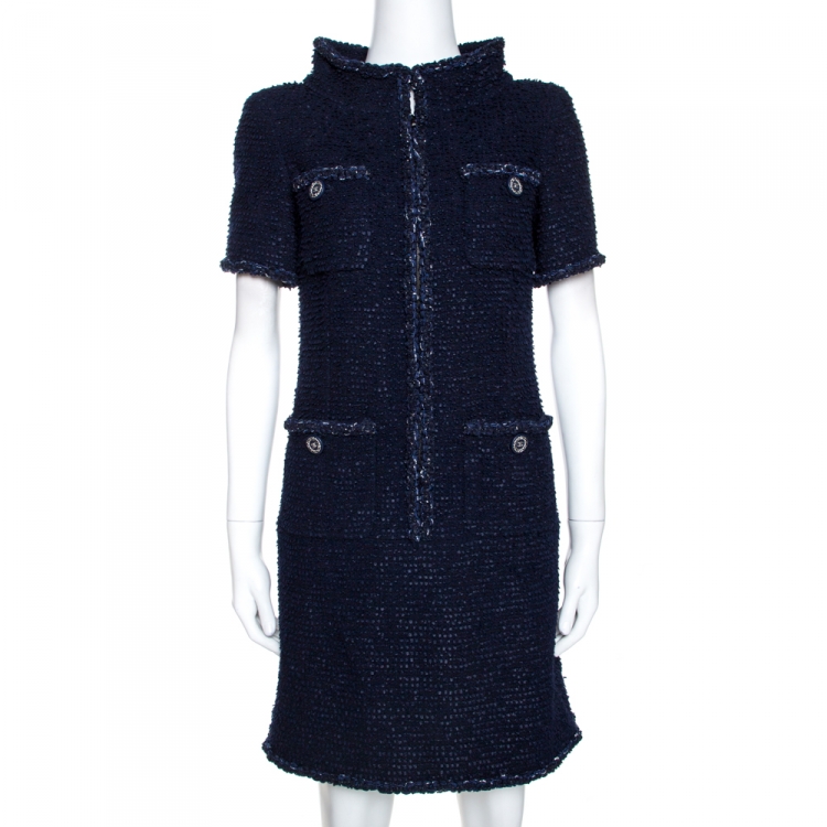 Pre Owned Chanel Navy Blue Fantasy Tweed Shift Dress S
