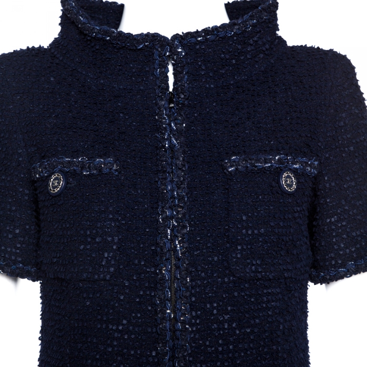 Pre Owned Chanel Navy Blue Fantasy Tweed Shift Dress S