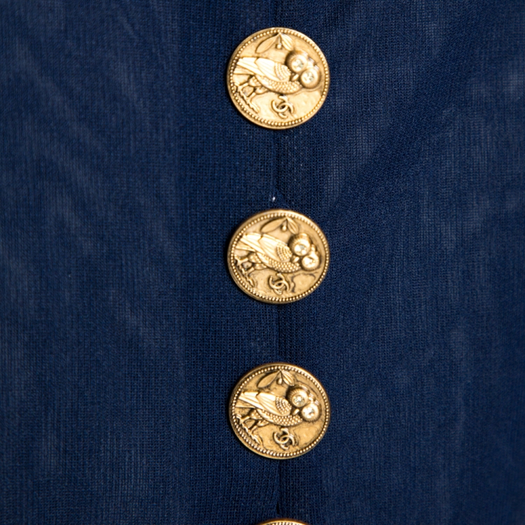 Pre Owned Chanel Navy Blue Plisse Silk Button Detail Belted Jumpsuit M