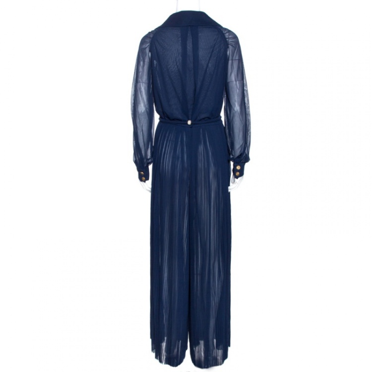 Pre Owned Chanel Navy Blue Plisse Silk Button Detail Belted Jumpsuit M
