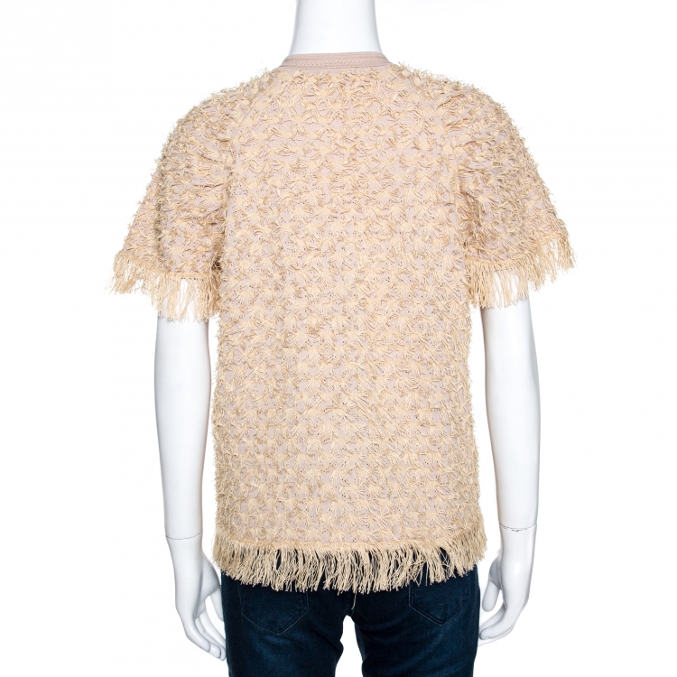 Pre Owned Chanel Beige Eyelet Knit Fringed Button Front Cardigan M