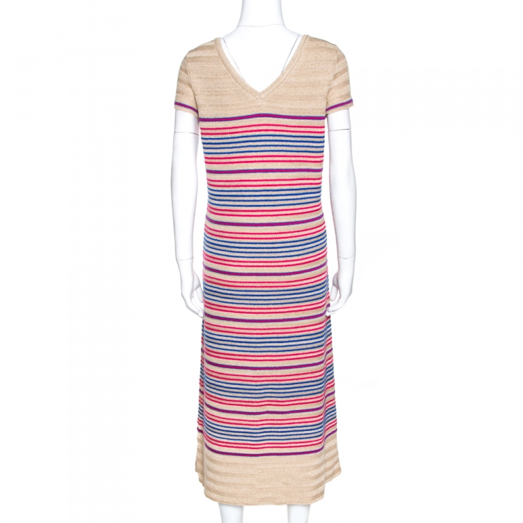 Pre Owned Chanel Beige Striped Lurex Linen Cashmere Logo Detail Dress M