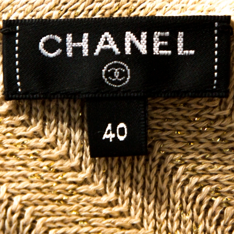 Pre Owned Chanel Beige Striped Lurex Linen Cashmere Logo Detail Dress M