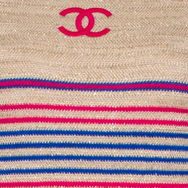 Pre Owned Chanel Beige Striped Lurex Linen Cashmere Logo Detail Dress M
