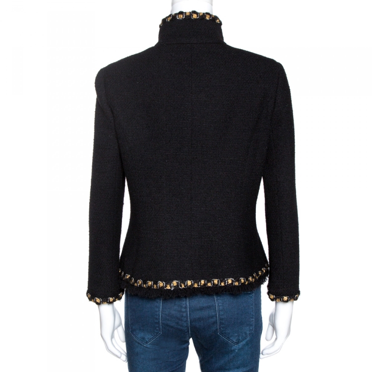 Pre Owned Chanel Black Fantasy Tweed Wool Button Front Jacket M