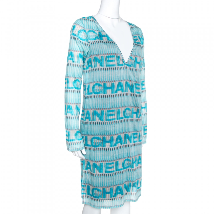 Pre Owned Chanel Blue Logo Print Cotton Beach Cover Up Tunic M