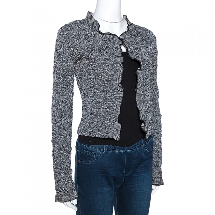 Pre Owned Chanel Monochrome Textured Camelia Pattern Detail Cropped Jacket M