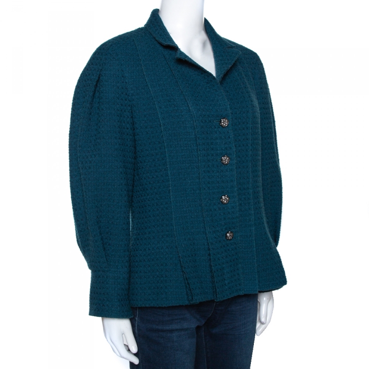 Pre Owned Chanel Teal Blue Wool Tweed Paneled Jacket L