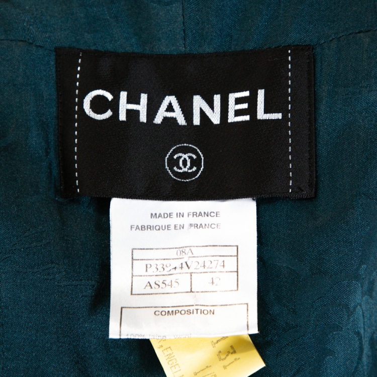 Pre Owned Chanel Teal Blue Wool Tweed Paneled Jacket L