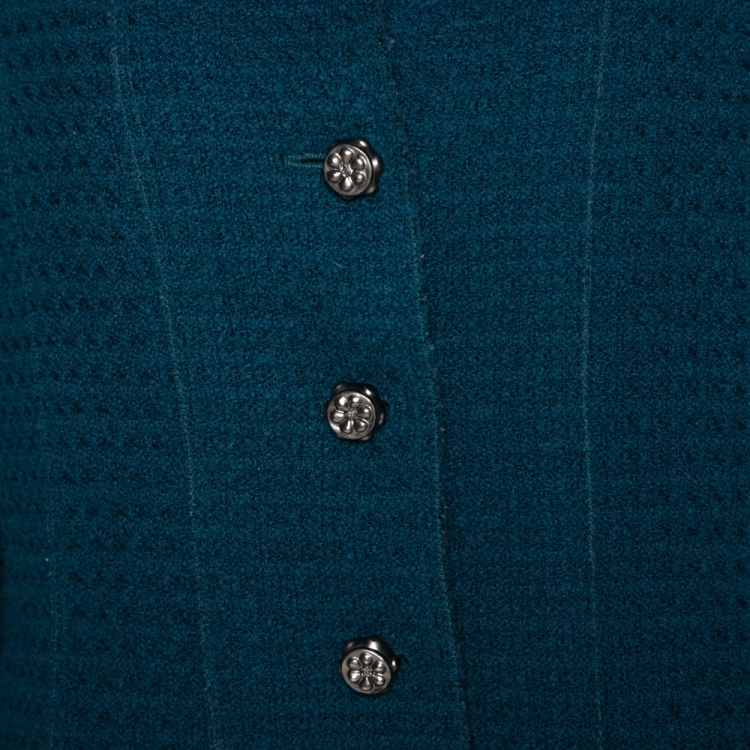 Pre Owned Chanel Teal Blue Wool Tweed Paneled Jacket L