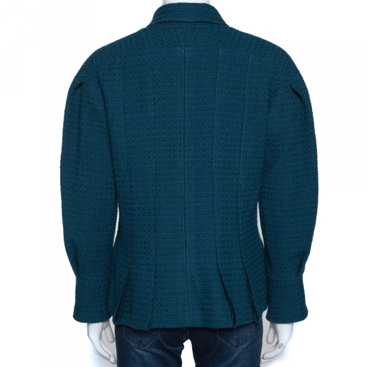 Pre Owned Chanel Teal Blue Wool Tweed Paneled Jacket L