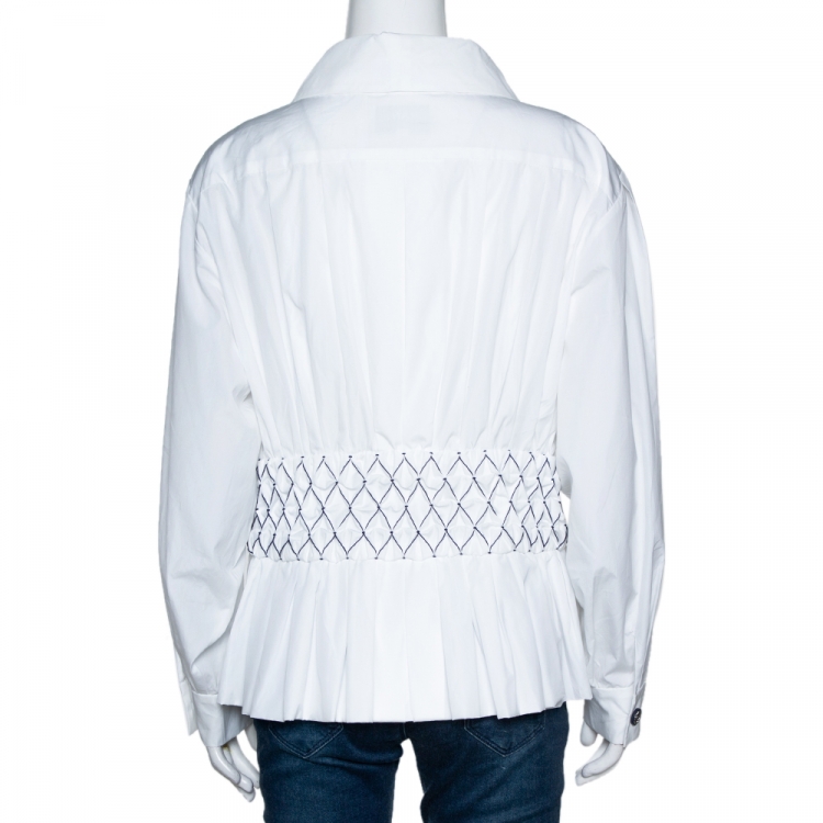Pre Owned Chanel White Smocked Cotton Poplin Long Sleeve Blouse L 