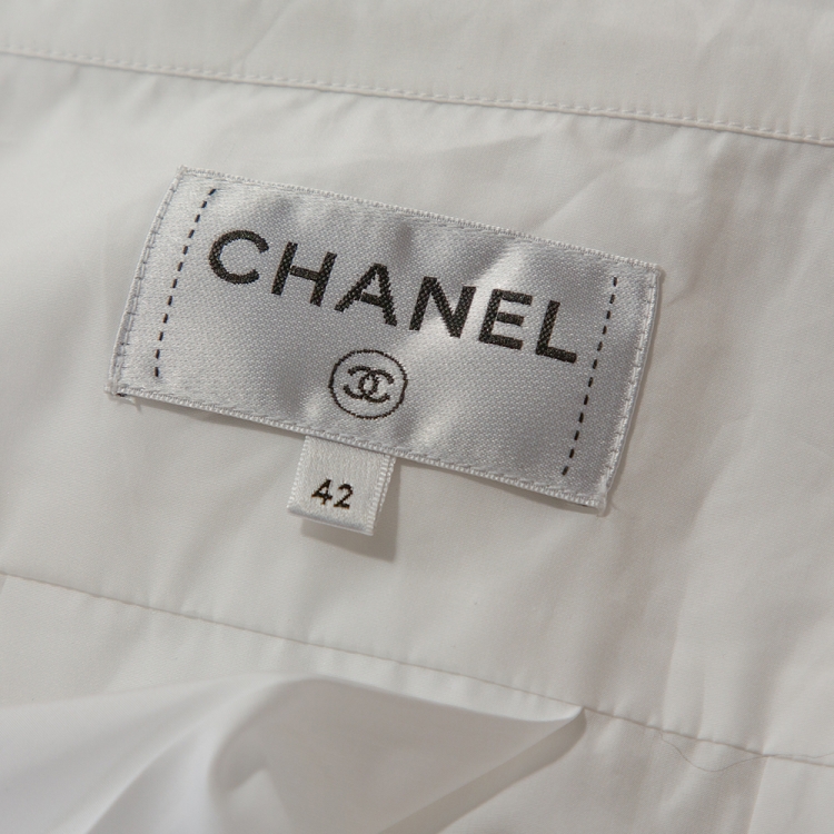 Pre Owned Chanel White Smocked Cotton Poplin Long Sleeve Blouse L 