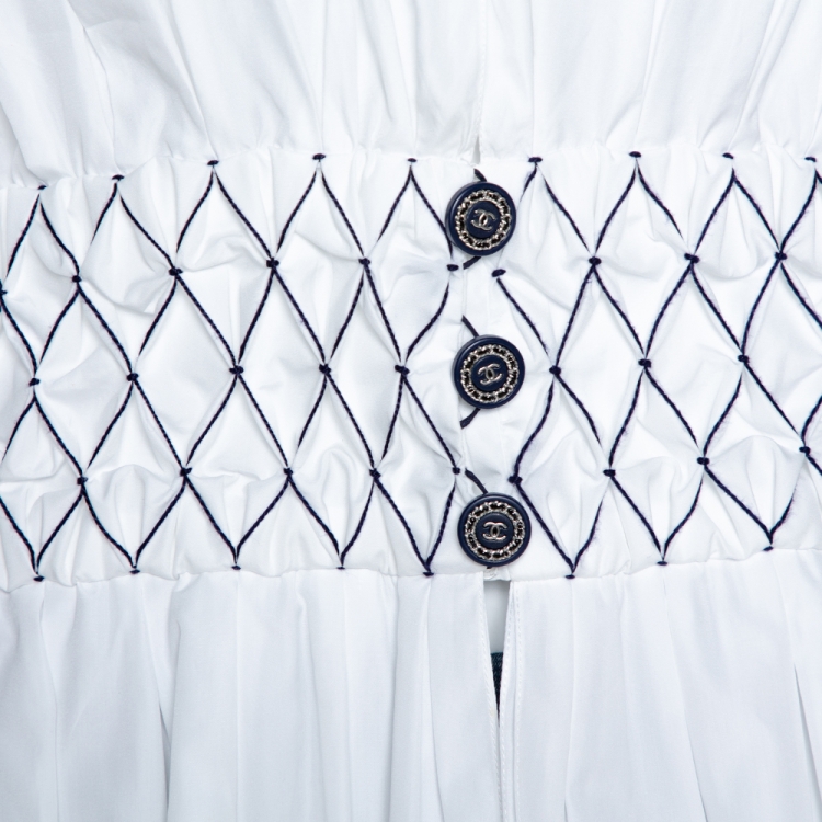 Pre Owned Chanel White Smocked Cotton Poplin Long Sleeve Blouse L 