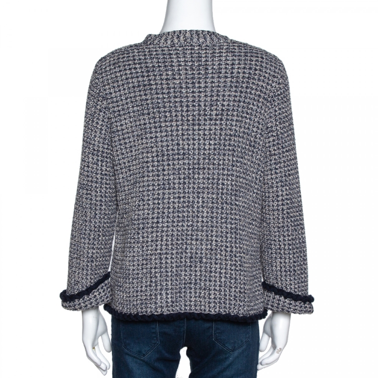 Pre Owned Chanel Navy Blue & Beige Cotton Blend Lurex Knit Cardigan L