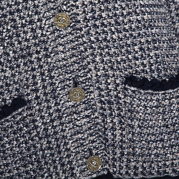 Pre Owned Chanel Navy Blue & Beige Cotton Blend Lurex Knit Cardigan L