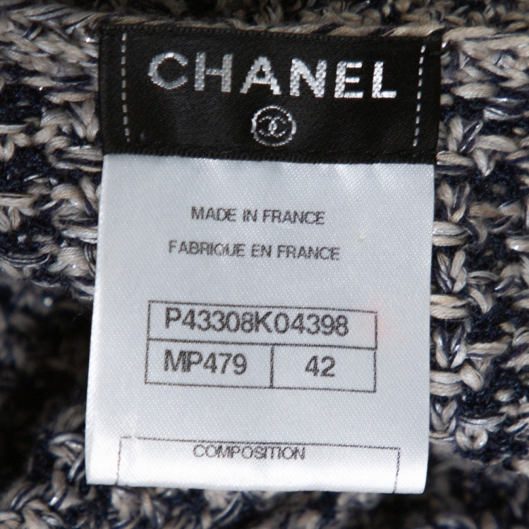 Pre Owned Chanel Navy Blue & Beige Cotton Blend Lurex Knit Cardigan L
